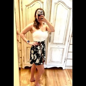 Worn once! Sexy strapless mini dress w/white lace no-slip top. Braided belt incl